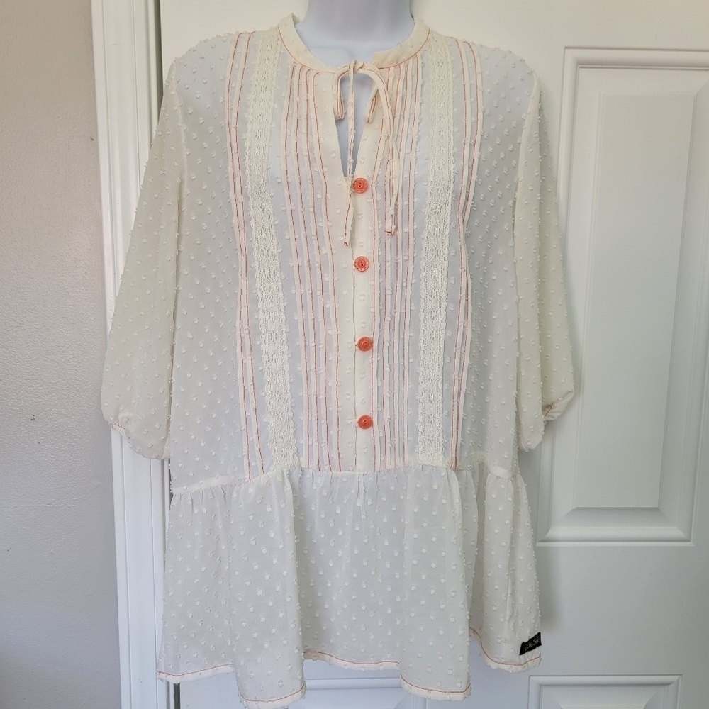 Matilda Jane Light The Way Swiss Dot Sheer Top Ivory Orange Lace Size Small
